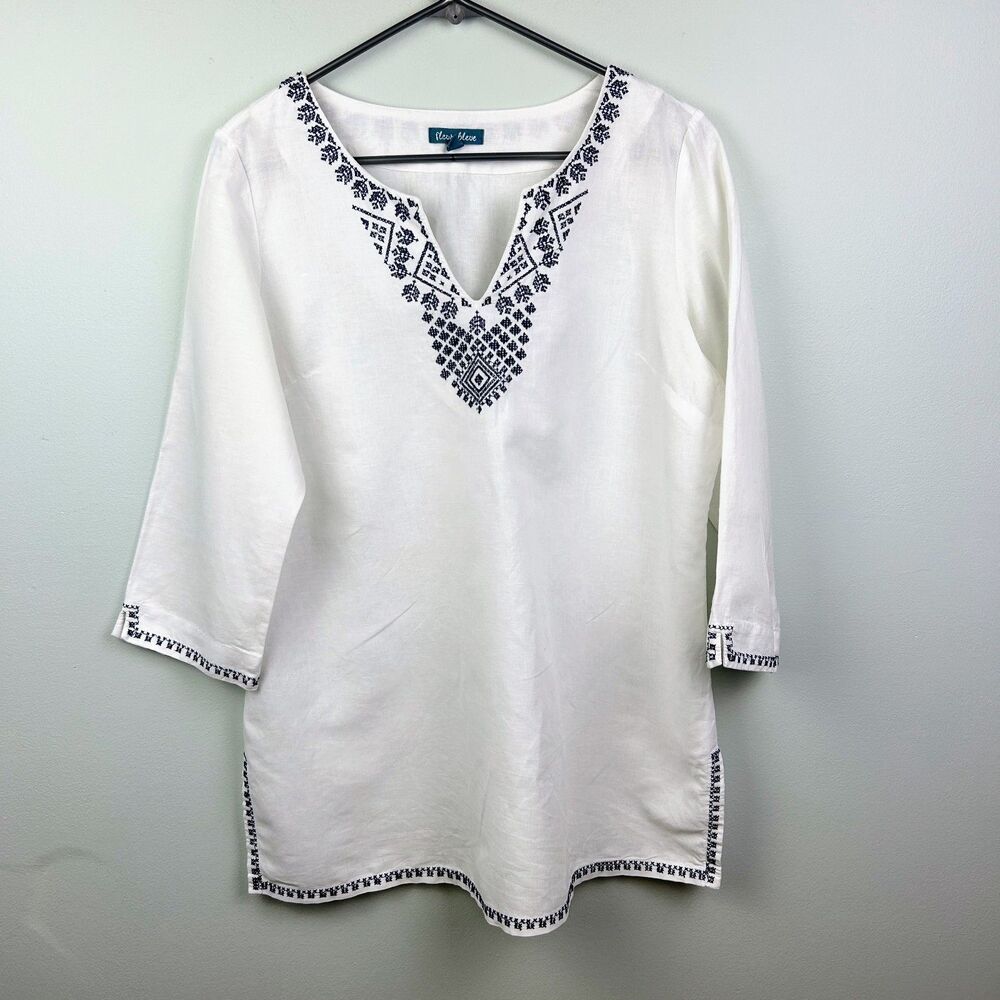 Fleur Bleue Anthropologie Linen Cotton Top White Blue Embroidery 3/4 Sleeve sz M